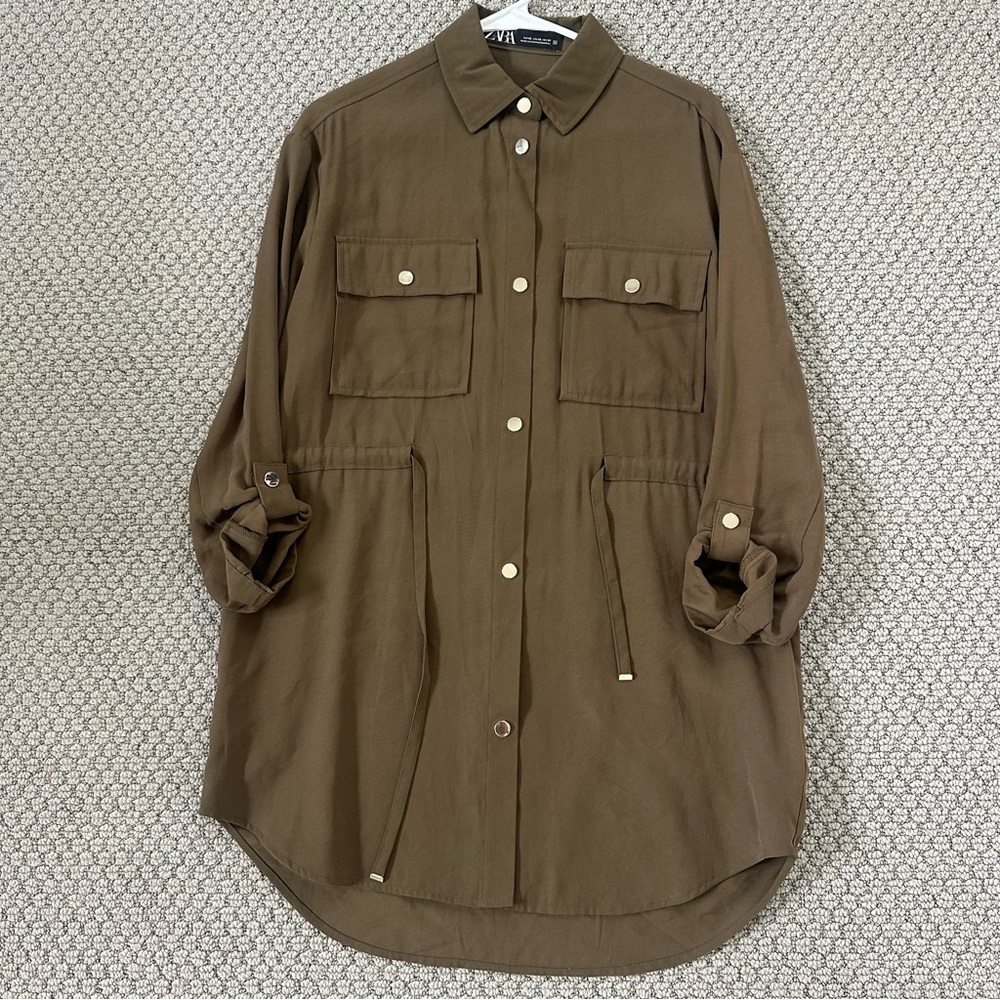 Zara Army Green Utility Shirt Dress Mini Dress Pockets Adjustable Tie Waist XS